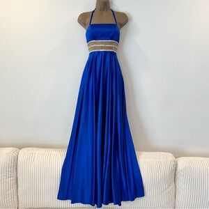 Royal blue prom dress mesh and rhinestone halter top a-line pockets!